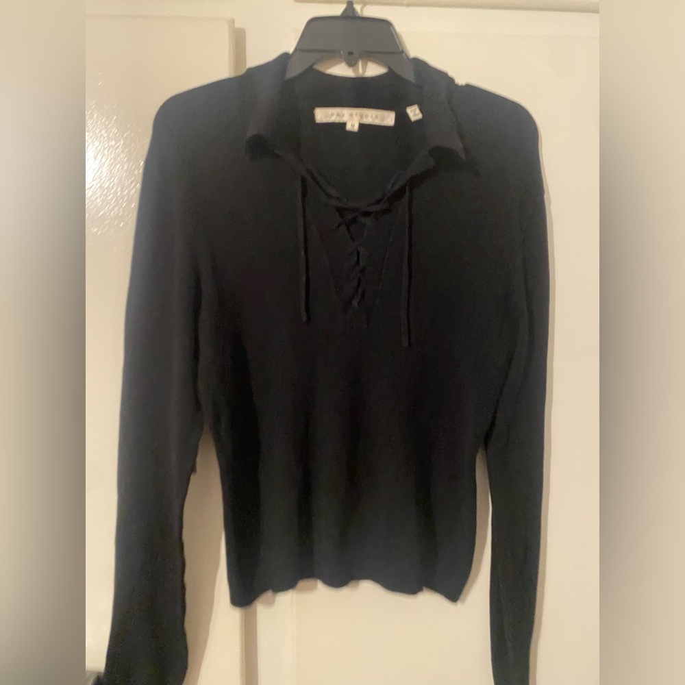 Max Studio Black Lace-Up V-Neck Collared Sweater